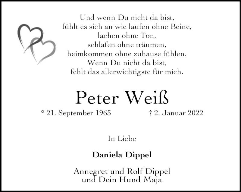  Traueranzeige für Peter Weiß vom 15.01.2022 aus WVW Anzeigenblätter