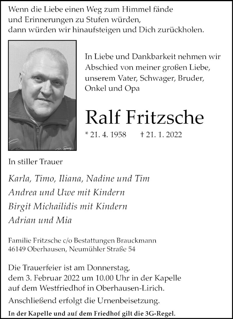  Traueranzeige für Ralf Fritzsche vom 29.01.2022 aus WVW Anzeigenblätter
