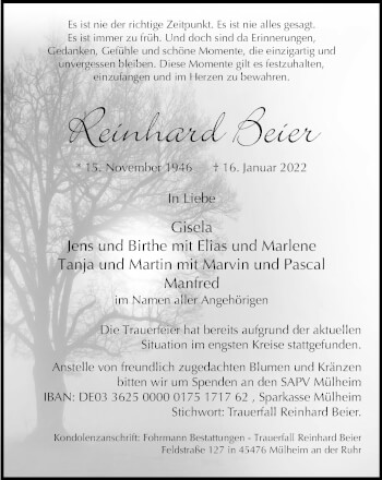 Traueranzeige von Reinhard Beier von WVW Anzeigenblätter