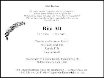 Traueranzeige von Rita Alt von WVW Anzeigenblätter