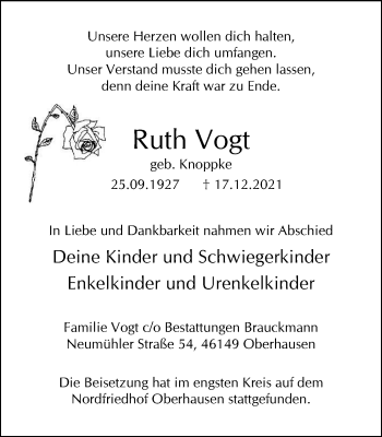 Traueranzeige von Ruth Vogt von WVW Anzeigenblätter