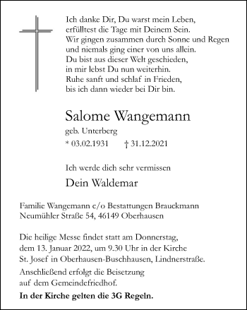 Traueranzeige von Salome Wangemann von WVW Anzeigenblätter