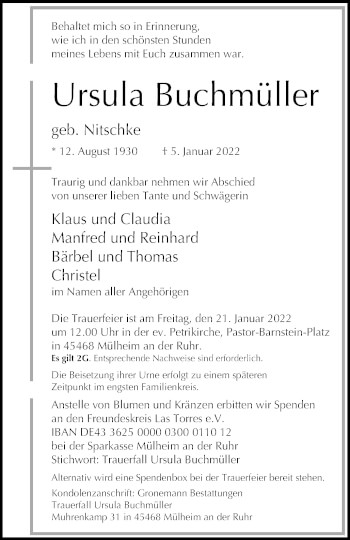 Traueranzeige von Ursula Buchmüller von WVW Anzeigenblätter