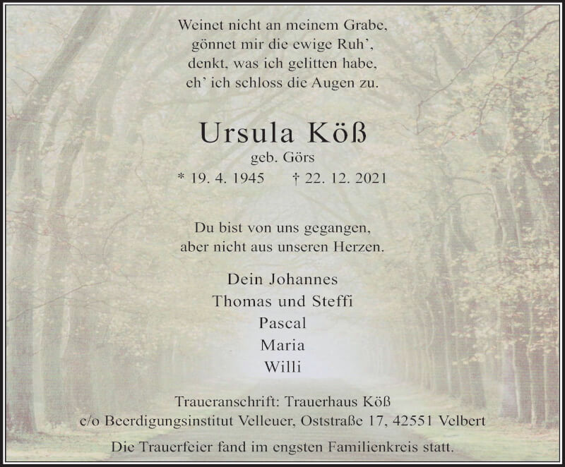  Traueranzeige für Ursula Köß vom 15.01.2022 aus WVW Anzeigenblätter