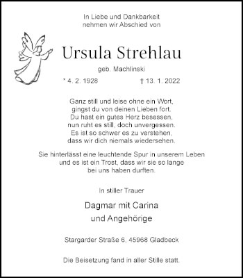 Traueranzeige von Ursula Strehlau von WVW Anzeigenblätter