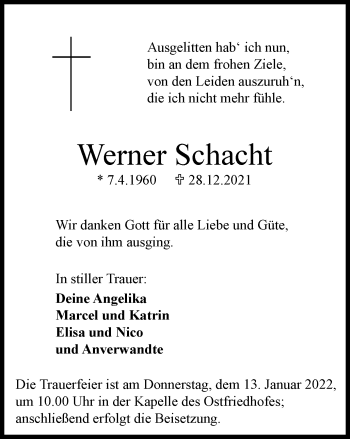 Traueranzeige von Werner Schacht von WVW Anzeigenblätter