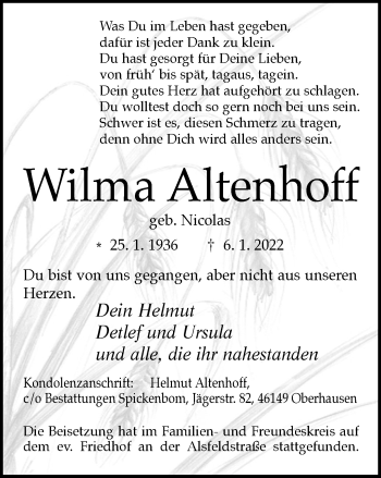 Traueranzeige von Wilma Altenhoff von WVW Anzeigenblätter