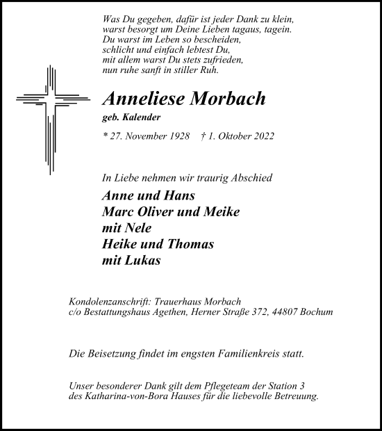 Traueranzeige von Anneliese Morbach von WVW Anzeigenblätter