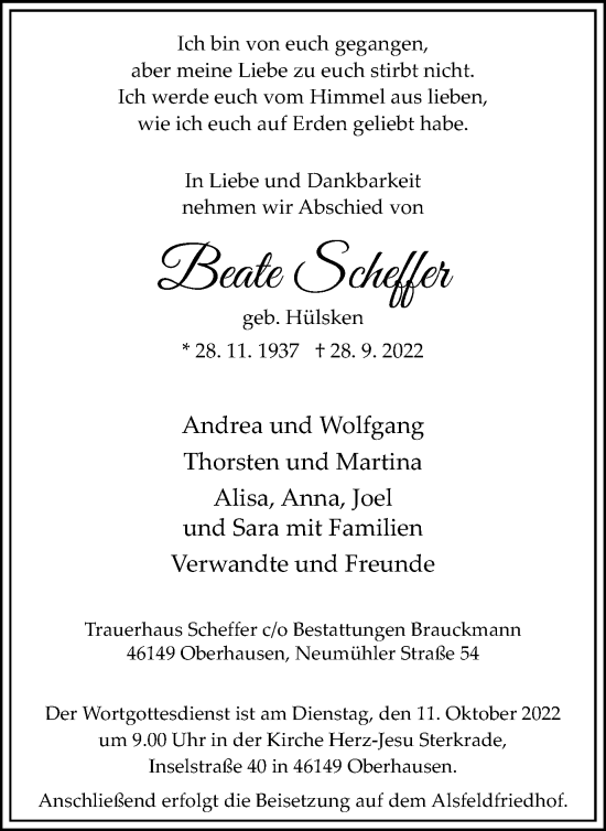 Traueranzeige von Beate Scheffer von WVW Anzeigenblätter