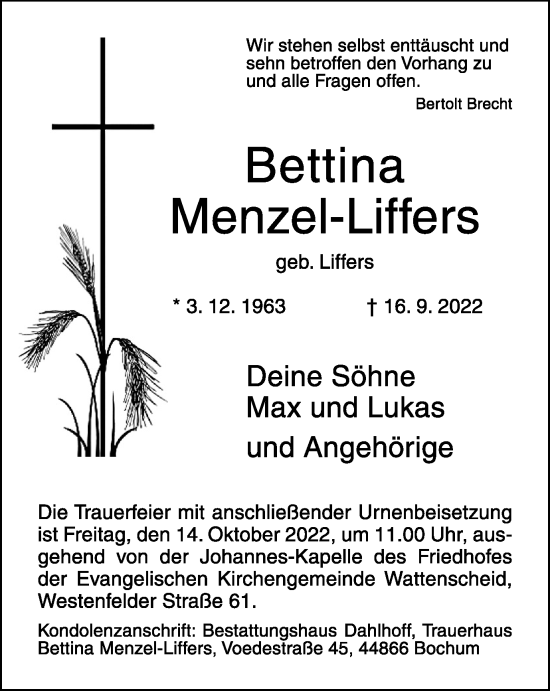 Traueranzeige von Bettina Menzel-Liffers von WVW Anzeigenblätter