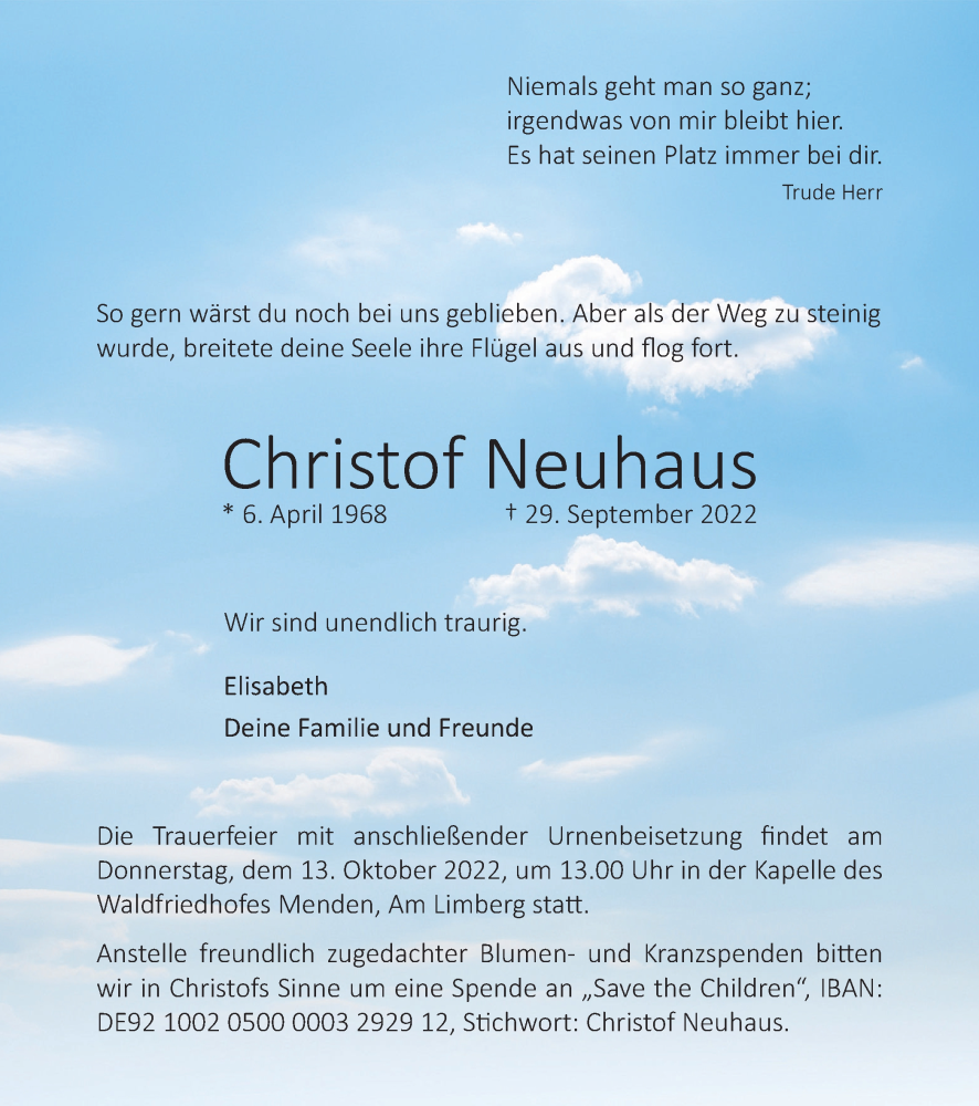  Traueranzeige für Christof Neuhaus vom 08.10.2022 aus WVW Anzeigenblätter
