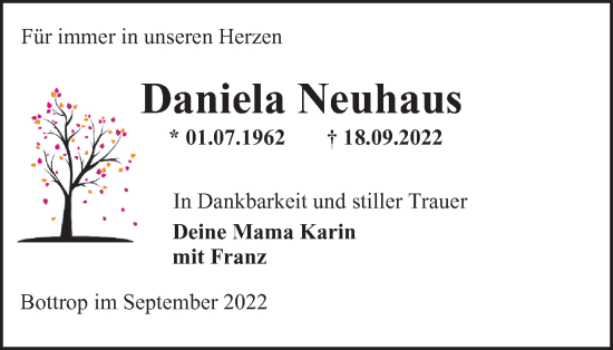 Traueranzeige von Daniela Neuhaus von WVW Anzeigenblätter