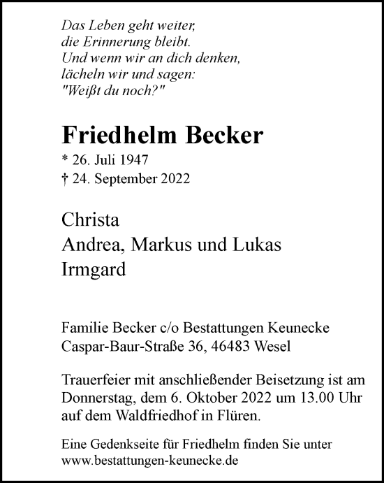 Traueranzeige von Friedhelm Becker von WVW Anzeigenblätter