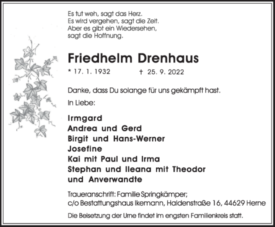 Traueranzeige von Friedhelm Drenhaus von WVW Anzeigenblätter