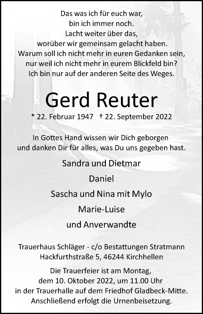  Traueranzeige für Gerd Reuter vom 01.10.2022 aus WVW Anzeigenblätter
