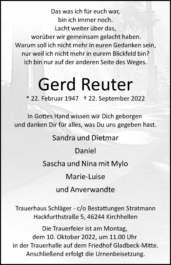 Traueranzeige von Gerd Reuter von WVW Anzeigenblätter