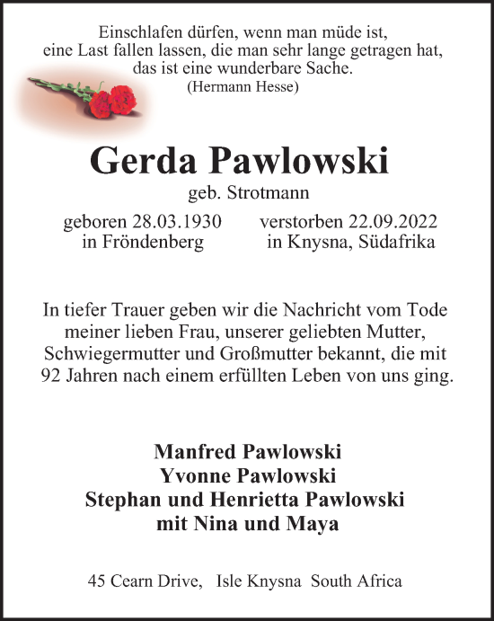 Traueranzeige von Gerda Pawlowski von WVW Anzeigenblätter