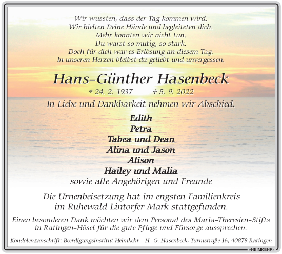 Traueranzeige von Hans-Günther Hasenbeck von WVW Anzeigenblätter