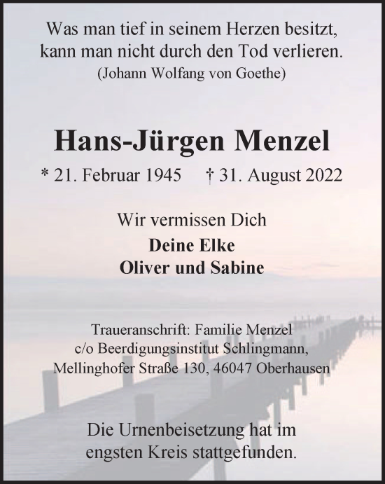 Traueranzeige von Hans-Jürgen Menzel von WVW Anzeigenblätter