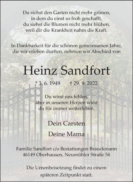 Traueranzeige von Heinz Sandfort von WVW Anzeigenblätter