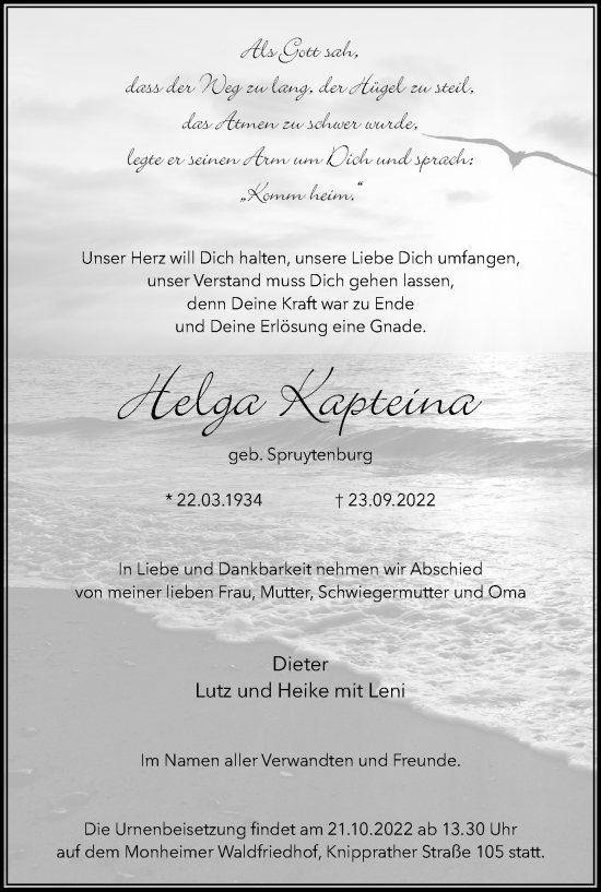 Traueranzeige von Helga Kapteina von WVW Anzeigenblätter