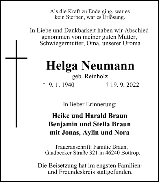 Traueranzeige von Helga Neumann von WVW Anzeigenblätter