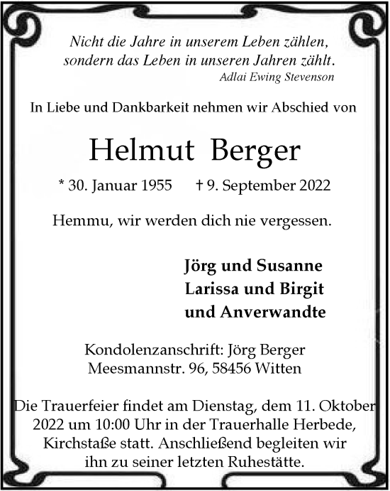 Traueranzeige von Helmut Berger von WVW Anzeigenblätter
