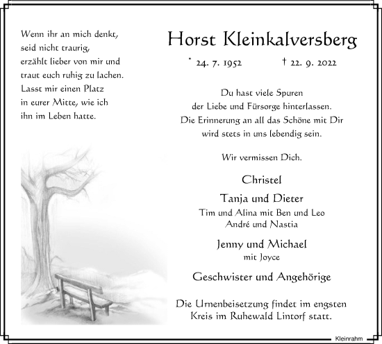 Traueranzeige von Horst Kleinkalversberg von WVW Anzeigenblätter