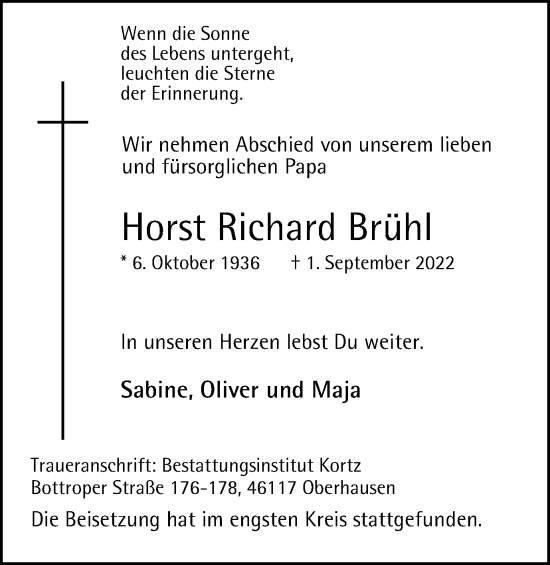 Traueranzeige von Horst Richard Brühl von WVW Anzeigenblätter