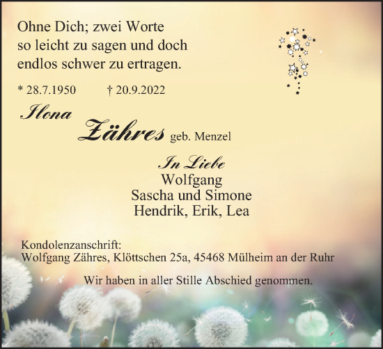 Traueranzeige von Ilona Zähres von WVW Anzeigenblätter