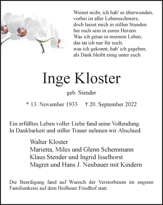 Traueranzeige von Inge Kloster von WVW Anzeigenblätter