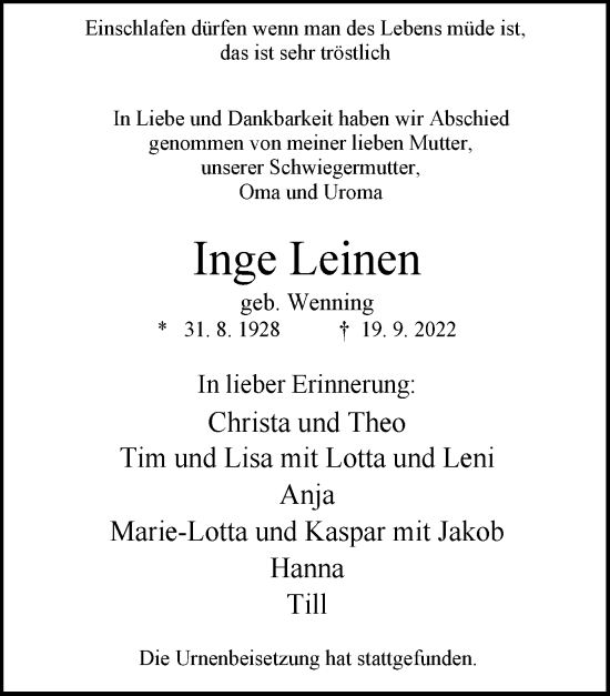 Traueranzeige von Inge Leinen von WVW Anzeigenblätter