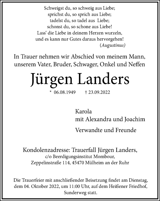 Traueranzeige von Jürgen Landers von WVW Anzeigenblätter