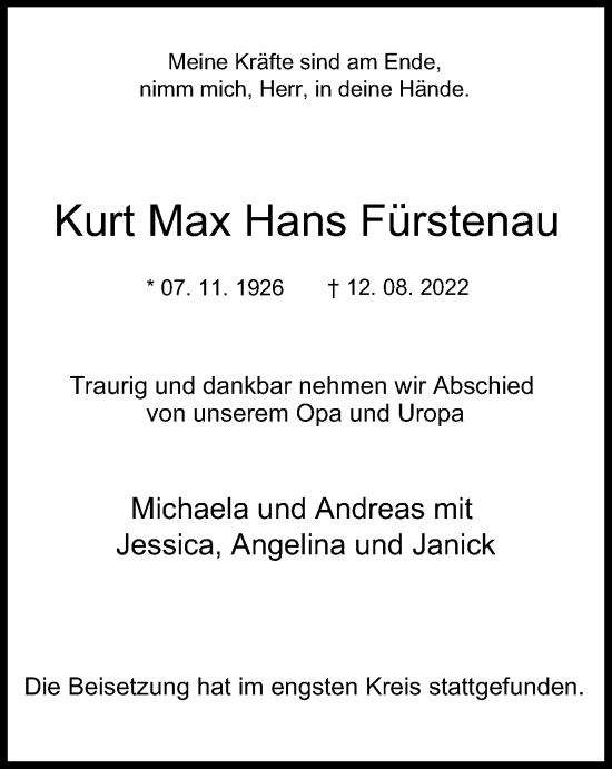 Traueranzeige von Kurt Max Hans Fürstenau von WVW Anzeigenblätter