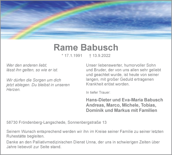 Traueranzeige von Rame Babusch von WVW Anzeigenblätter