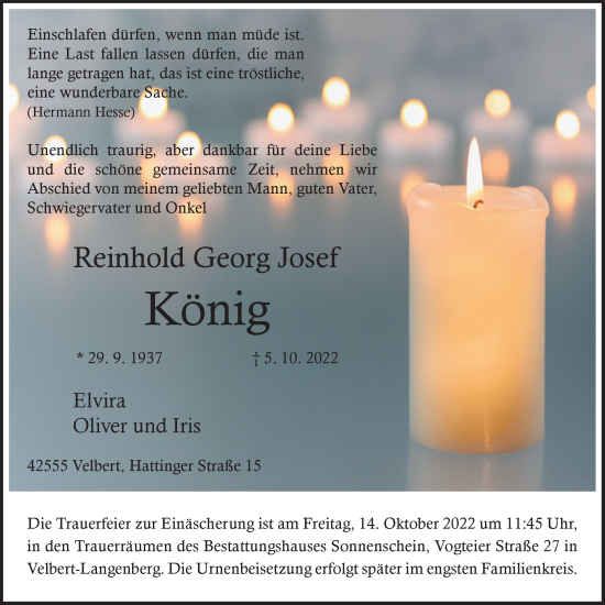 Traueranzeige von Reinhold Georg Josef König von WVW Anzeigenblätter