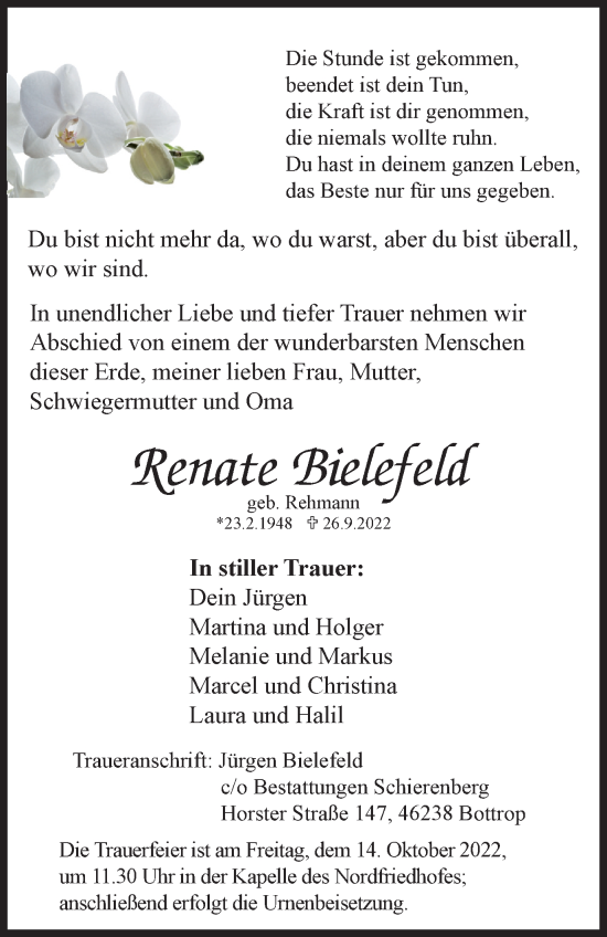 Traueranzeige von Renate Bielefeld von WVW Anzeigenblätter