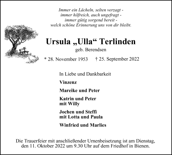Traueranzeige von Ursula Terlinden von WVW Anzeigenblätter
