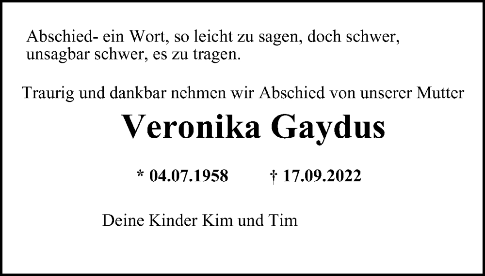  Traueranzeige für Veronika Gaydus vom 01.10.2022 aus WVW Anzeigenblätter