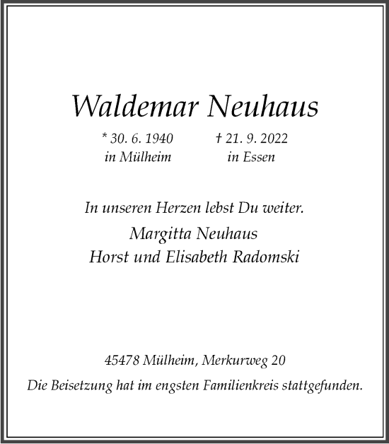 Traueranzeige von Waldemar Neuhaus von WVW Anzeigenblätter