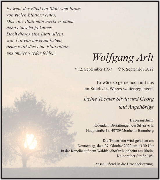 Traueranzeige von Wolfgang Arlt von WVW Anzeigenblätter