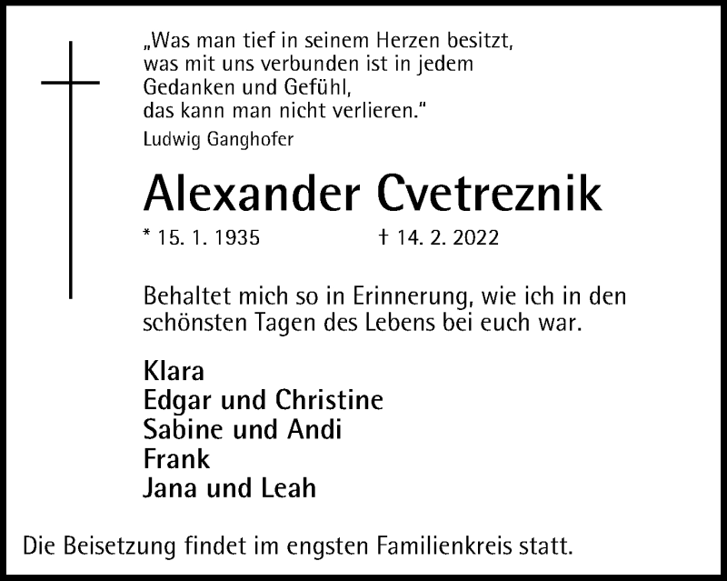  Traueranzeige für Alexander Cvetreznik vom 19.02.2022 aus WVW Anzeigenblätter