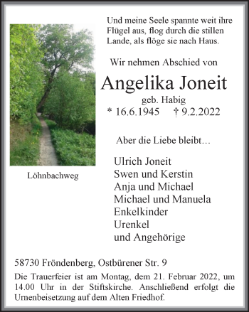 Traueranzeige von Angelika Joneit von WVW Anzeigenblätter