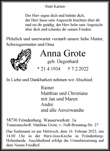 Traueranzeige von Anna Grote von WVW Anzeigenblätter
