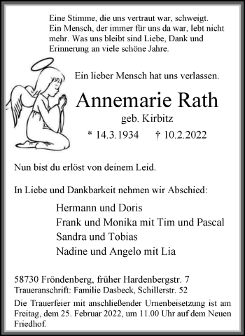 Traueranzeige von Annemarie Rath von WVW Anzeigenblätter