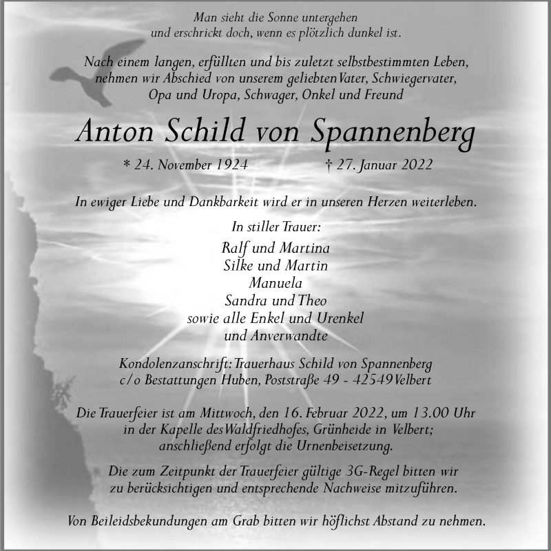  Traueranzeige für Anton  Schild von Spannenberg vom 12.02.2022 aus WVW Anzeigenblätter