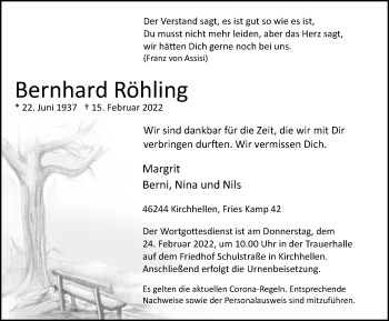 Traueranzeige von Bernhard Röhling von WVW Anzeigenblätter
