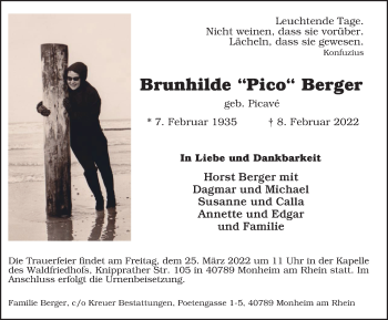 Traueranzeige von Brunhilde Berger von WVW Anzeigenblätter