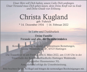 Traueranzeige von Christa Kugland von WVW Anzeigenblätter