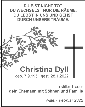 Traueranzeige von Christina Dyll von WVW Anzeigenblätter